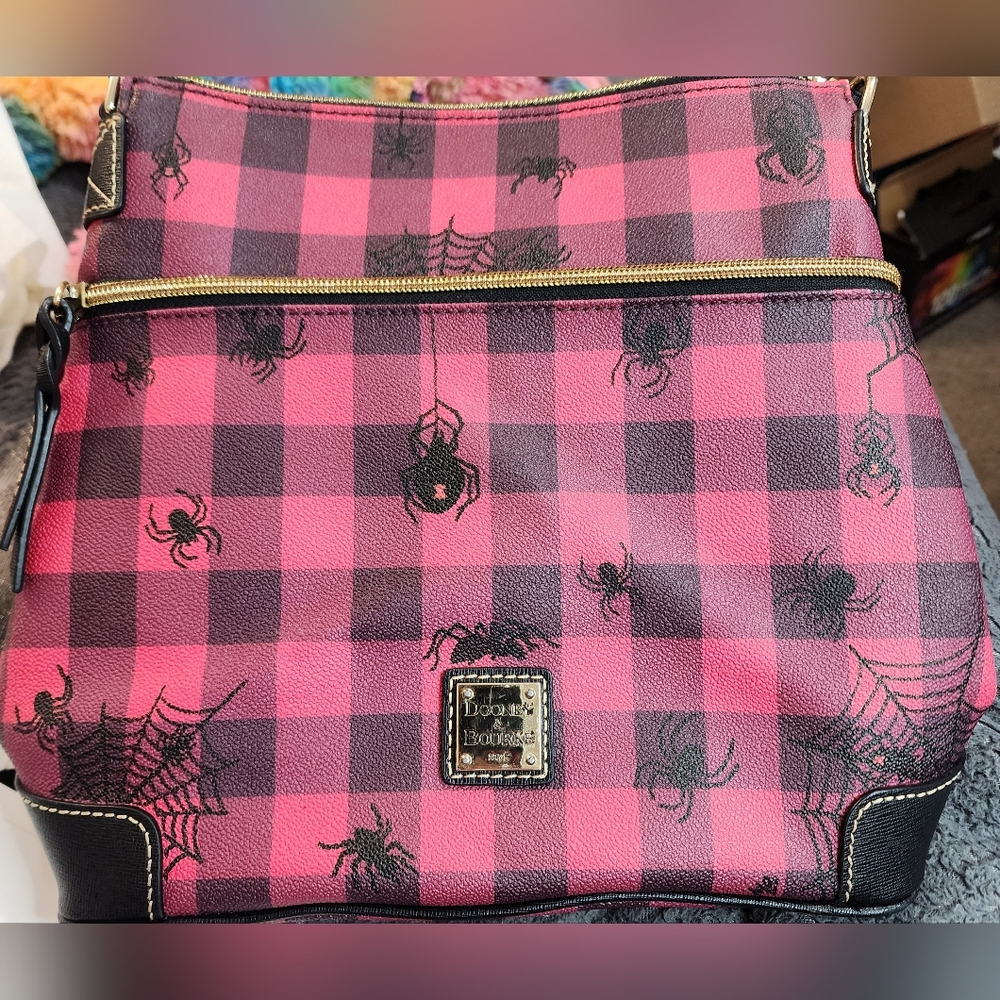 SOLD-CUSTOMIZED Dooney & Bourke Pink Plaid Backpack with Spider Webs